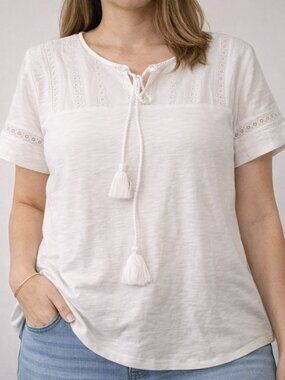 Hilary Radley White Boho Lace Trim Blouse Small Cotton Modal Peasant Top Tassel